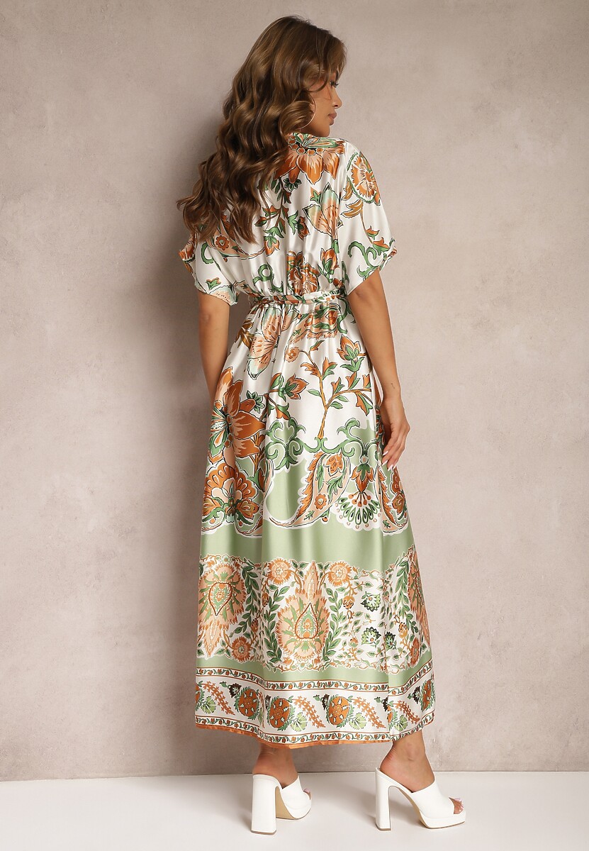 Zielona Kopertowa Sukienka Maxi z Gumką w Talii i Rozkloszowanym Dołem Jeanina