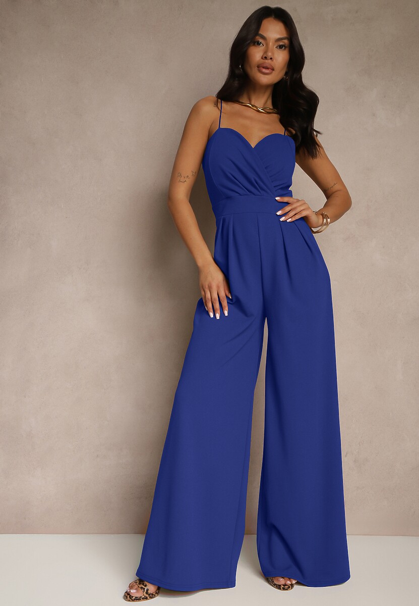 Niebieski Kombinezon na Cienkich Ramiączkach z Kopertowym Dekoltem i Szerokimi Nogawkami Jovantia