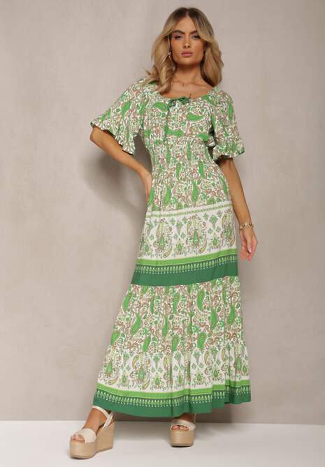 Jasnozielona Bawełniana Sukienka z Ozdobnym Wiązaniem Wykończona Gumką w Pasie Betelia