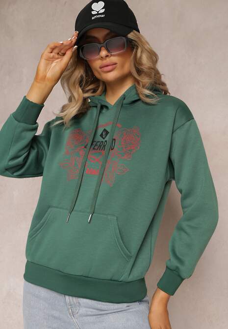 Zielona Modna Bluza z Nadrukiem i Kapturem Ozdobiona Nadrukiem Arinalu
