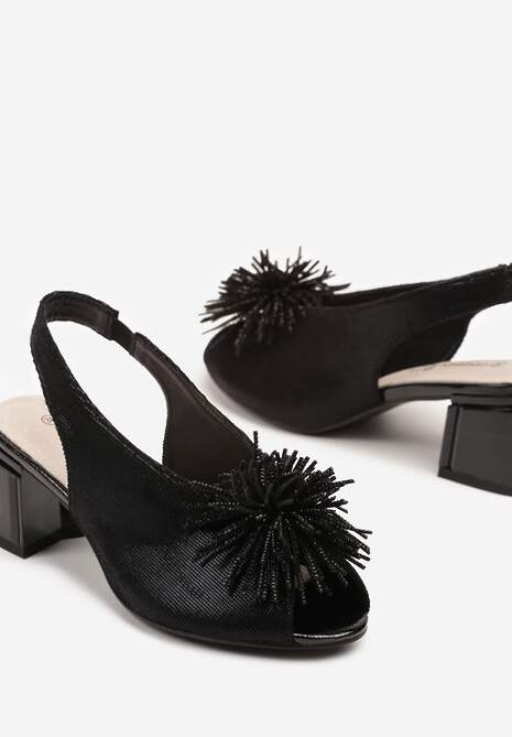 Czarne Sandały na Słupku z Wkładką ze Skóry Naturalnej z Pomponem Rerissiana