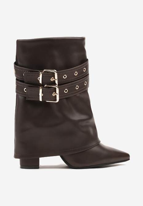 Brązowe Botki Kowbojki na Słupku Ozdobione Klamrami i Wywiniętą Cholewką Codvire