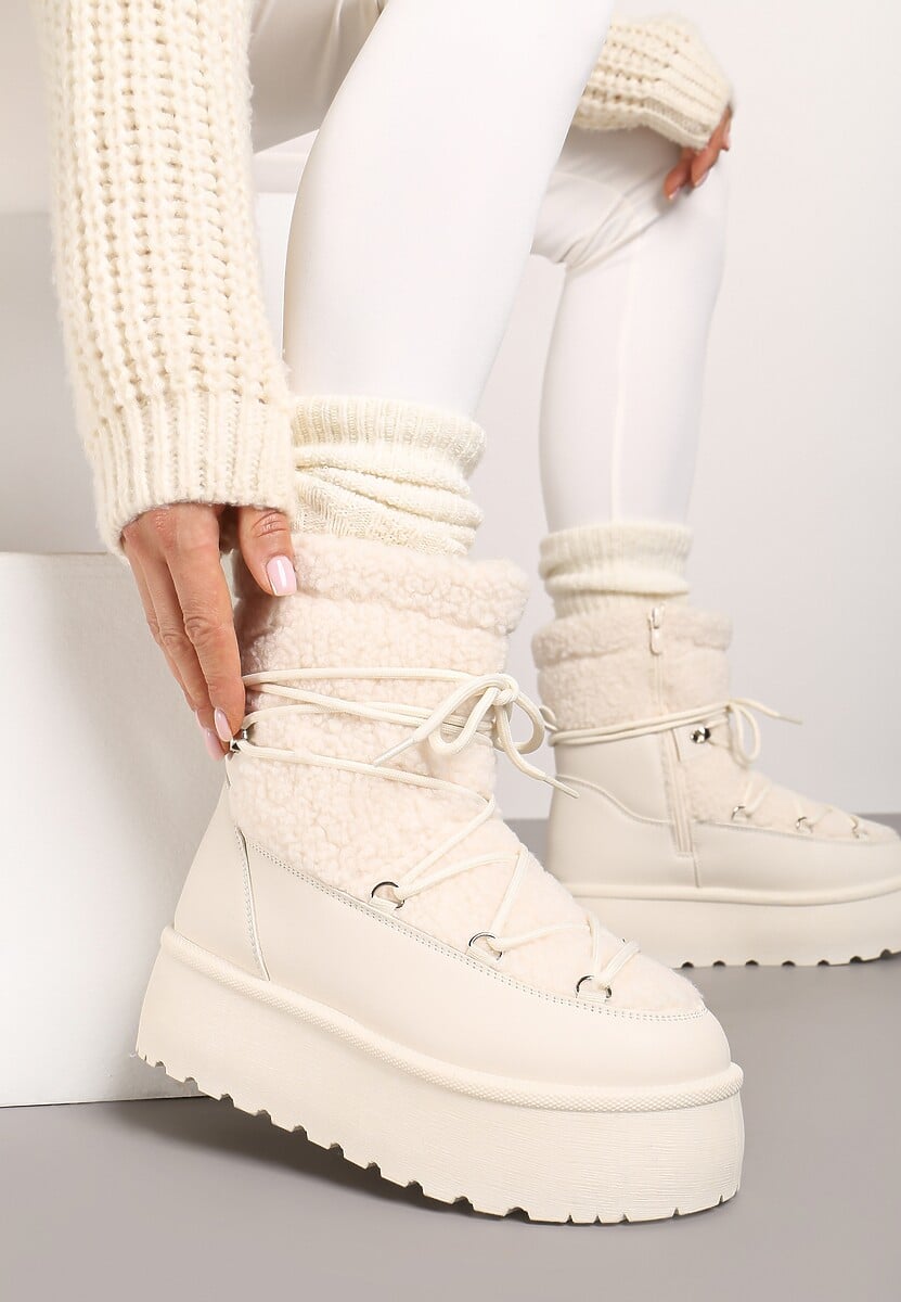 Beżowe Sznurowane Śniegowce Vices na Platformie z Futerkiem Ravorelle