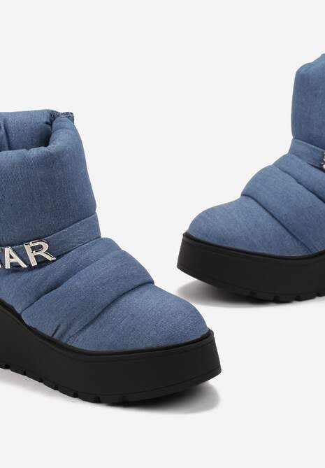 Niebieskie Pikowane Śniegowce na Platformie z Ozdobnym Paskiem i Metalicznym Napisem Sarva