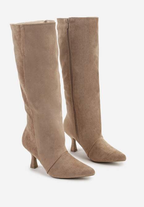 Ciemnobeżowe Kozaki z Imitacji Zamszu z Przeszywaną Cholewką i Obcasem Kaczuszka Anuvitte