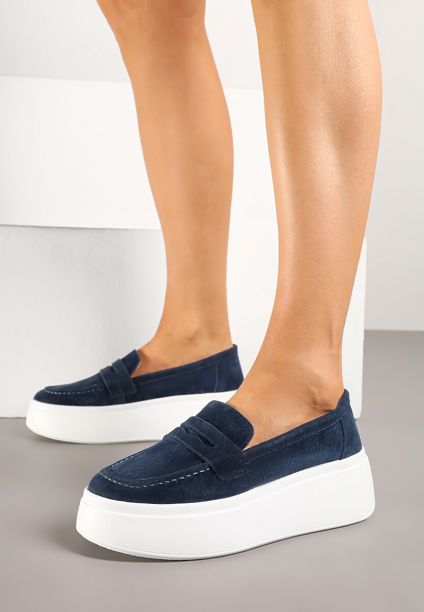 Granatowe Półbuty w Stylu Mokasynów na Platformie ze Skóry Naturalnej Nilovira