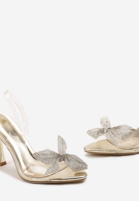 Złote Sandały Transparentne na Szpilce z Cyrkoniami i Kokardką Gnosis