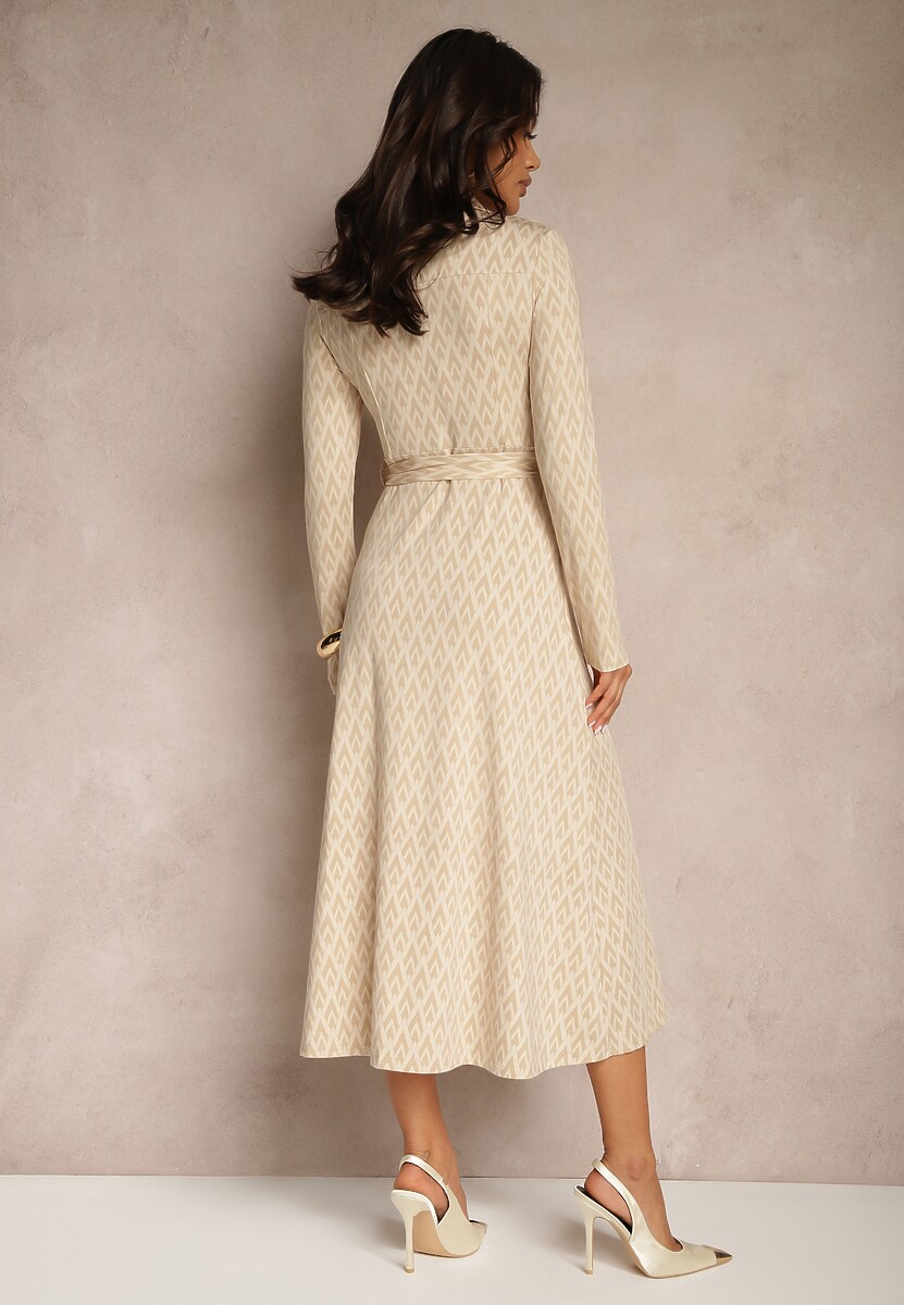 Beżowa Koszulowa Sukienka z Wiskozą Geometrycznym Wzorem i Paskiem Milseki