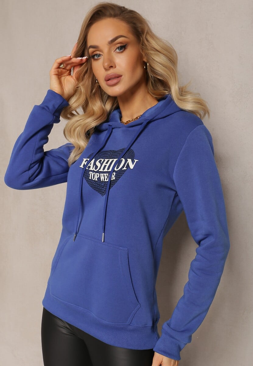 Beżowa Bluza Kangurka Ocieplona Polarem z Ozdobnym Nadrukiem Elili