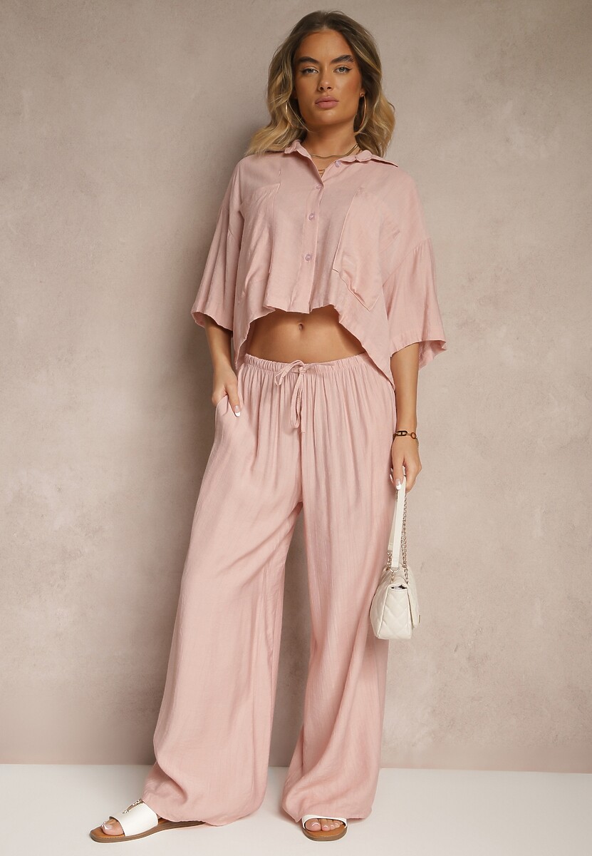 Ciemnoróżowy Komplet z Wiskozy o Kroju Oversize Koszula i Spodnie Dovaraella