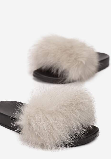 Beżowe Klapki z Futrem Turtlefeather