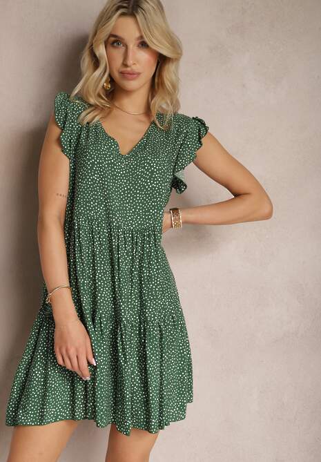 Ciemnozielona Rozkloszowana Sukienka z Bawełny w Kropki z Trójkątnym Dekoltem Riessa