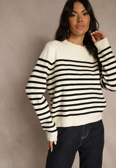 Czarno-Kremowy Sweter z Wiskozą w Paski Ozdobiony Guzikami Lilettia