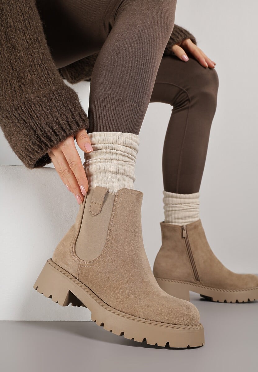 Beżowe Botki Sztyblety z Elastyczną Wstawką Ralia