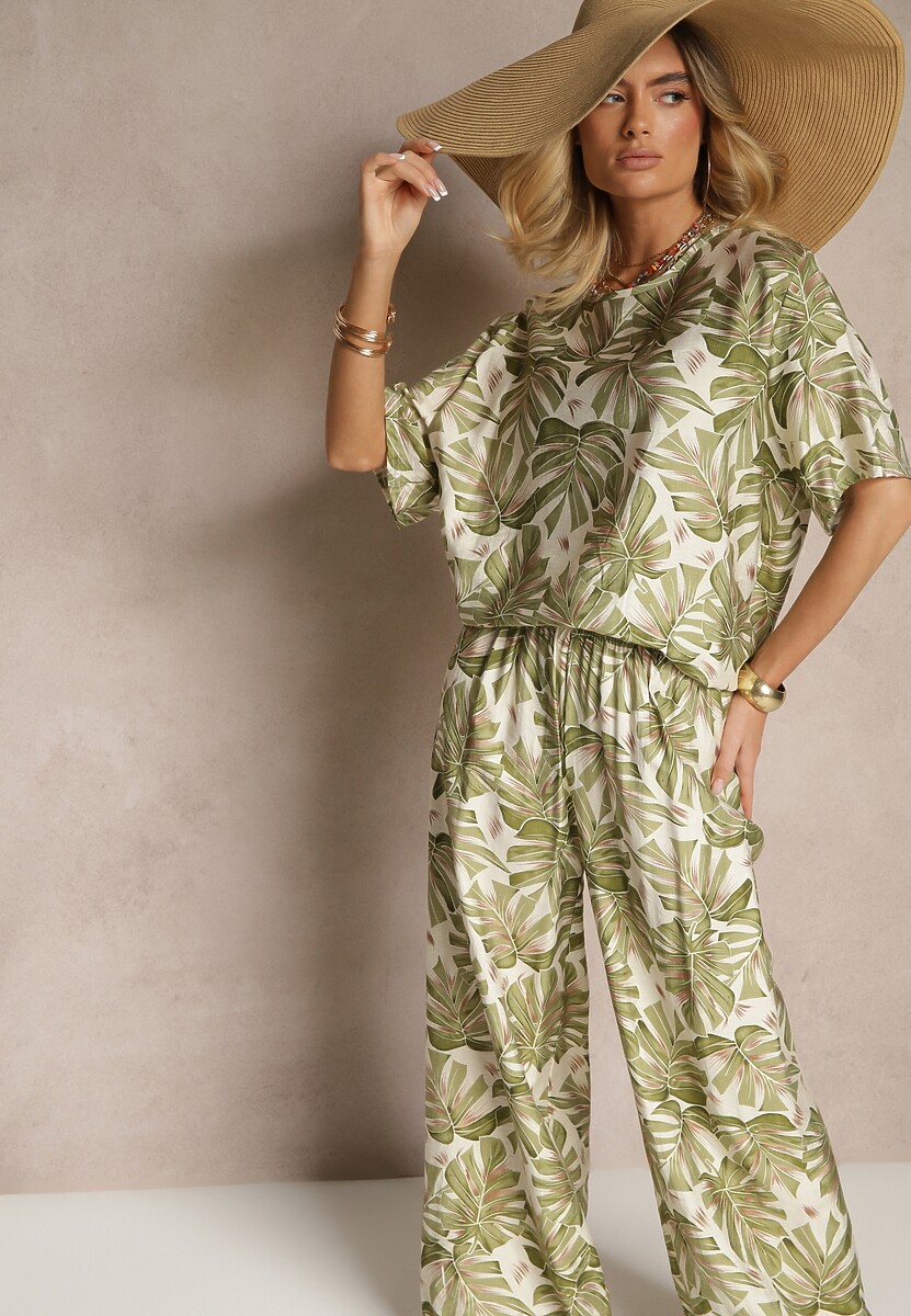 Ciemnozielony Komplet z Wiskozy Zdobiony Roślinnym Printem T-shirt i Szerokie Spodnie Evialena