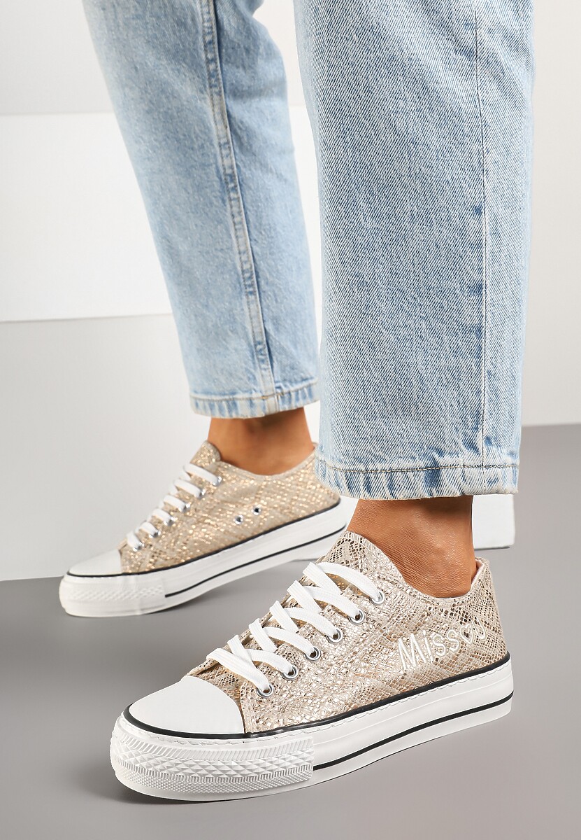 Złote Wężowe Brokatowe Trampki z Napisem i Niską Cholewką Borlevi