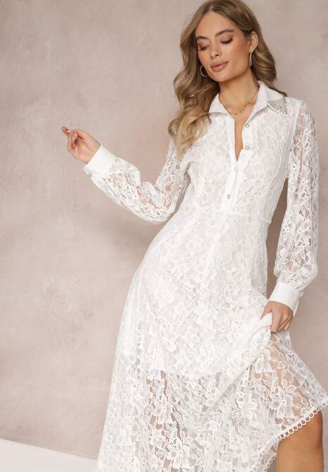 Biała Koszulowa Sukienka Maxi z Ozdobnymi Guzikami i Cyrkoniami z Koronkowej Tkaniny Armina