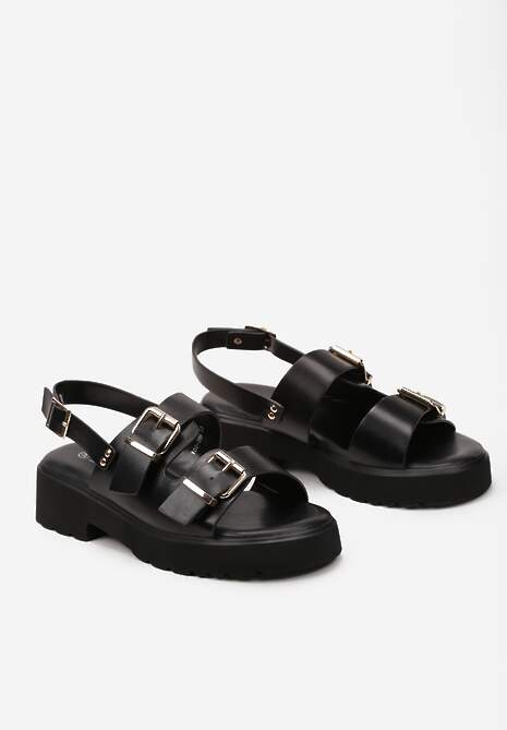 Czarne Sandały na Płaskim Obcasie z Ozdobnymi Sprzączkami Tragia