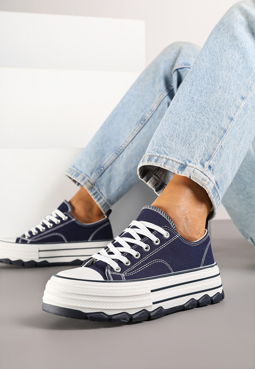 Granatowe Trampki na Platformie z Paskami i Niską Cholewką Zienelle