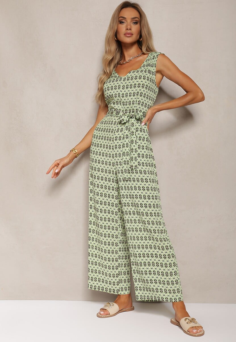 Zielony Taliowany Kombinezon z Wiskozy na Ramiączkach Wiązany w Talii Seadia