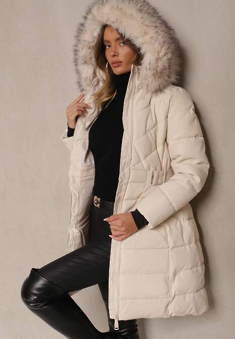 Jasnobeżowa Pikowana Kurtka Zdobiona Elastycznym Paskiem i Dwustronnym Suwakiem Innarelle