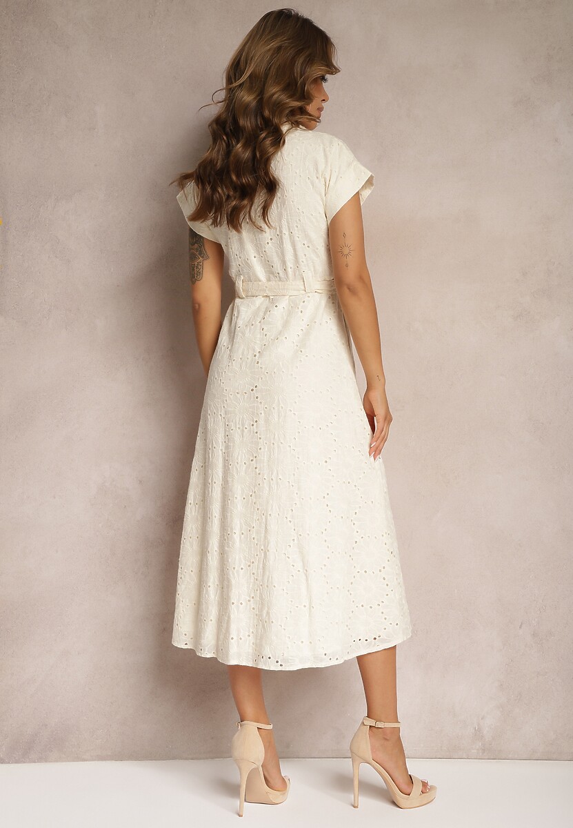 Beżowa Rozkloszowana Koszulowa Sukienka z Bawełny z Ażurowym Zdobieniem i Paskiem Ilosofia