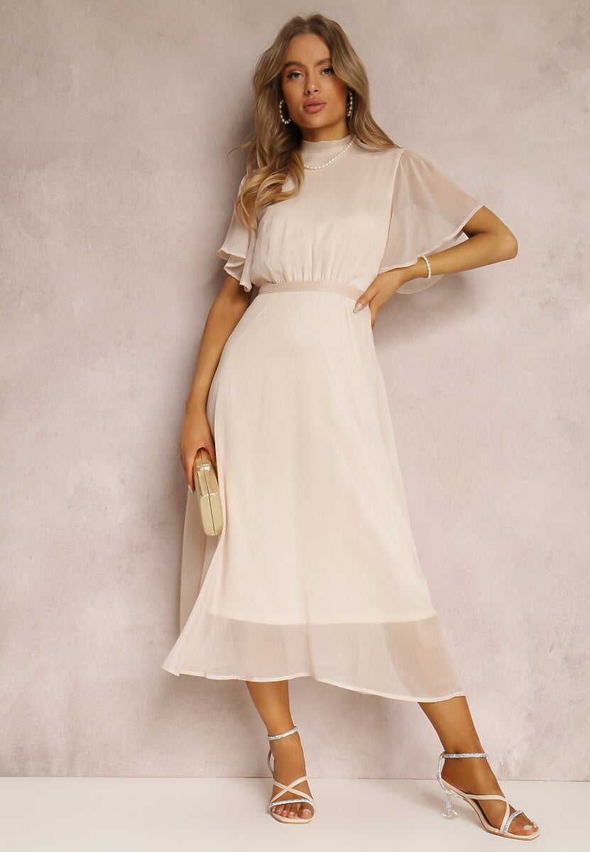 Beżowa Rozkloszowana Sukienka z Odkrytymi Plecami i Wiązaniem Syrissis