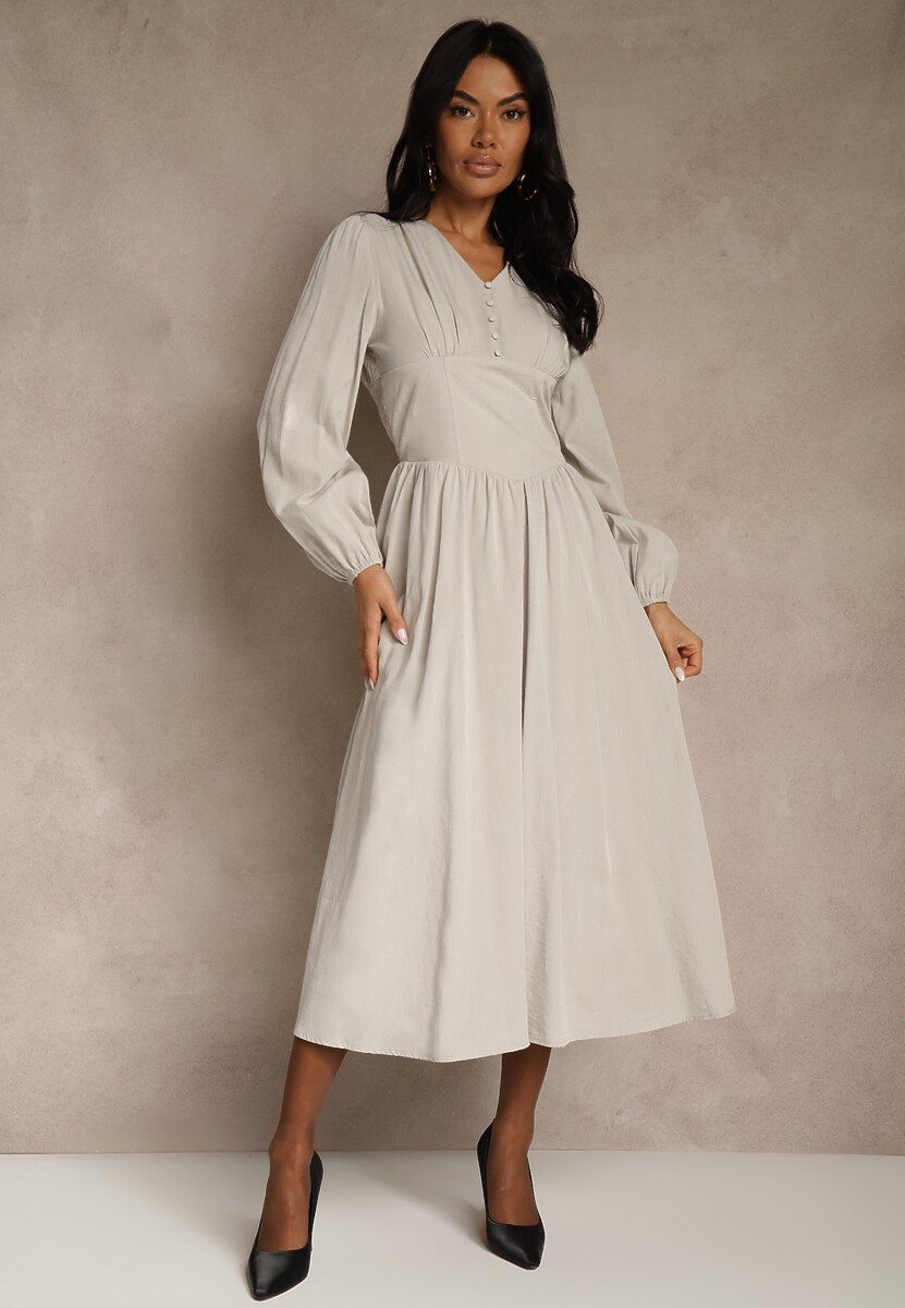 Brązowa Gorsetowa Sukienka z Wiskozą z Guzikami i Bufiastymi Rękawami Ahlite