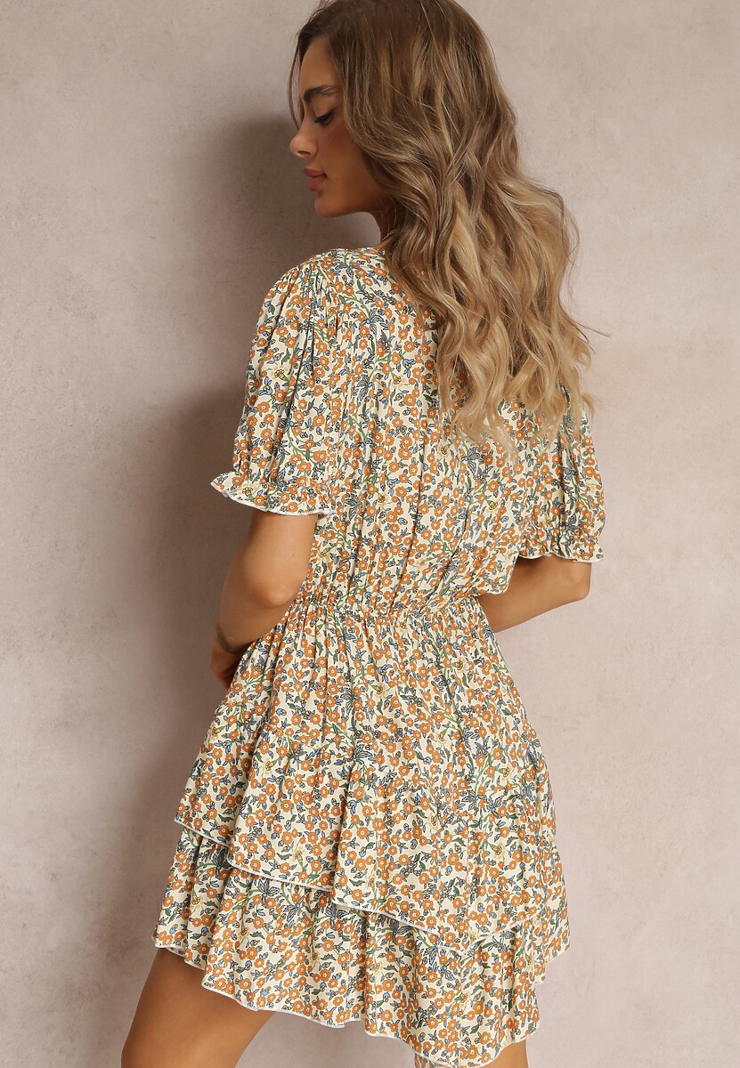 Żółto-Zielona Sukienka Mini z Gumką w Pasie i Kopertowym Dekoltem z Wiskozy Littlestar