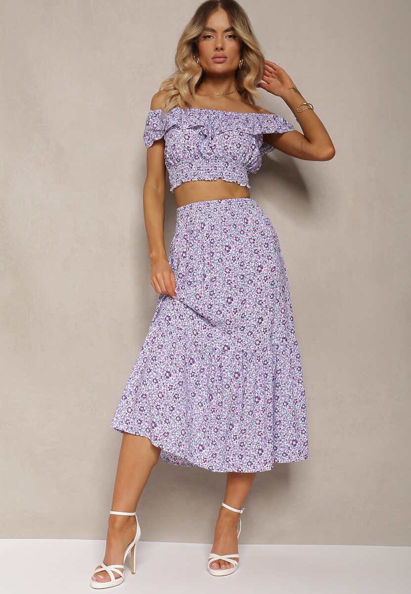 Czarny 2-częściowy Komplet Bawełniany z Topem i Długą Spódnicą w Kwiaty Agnda