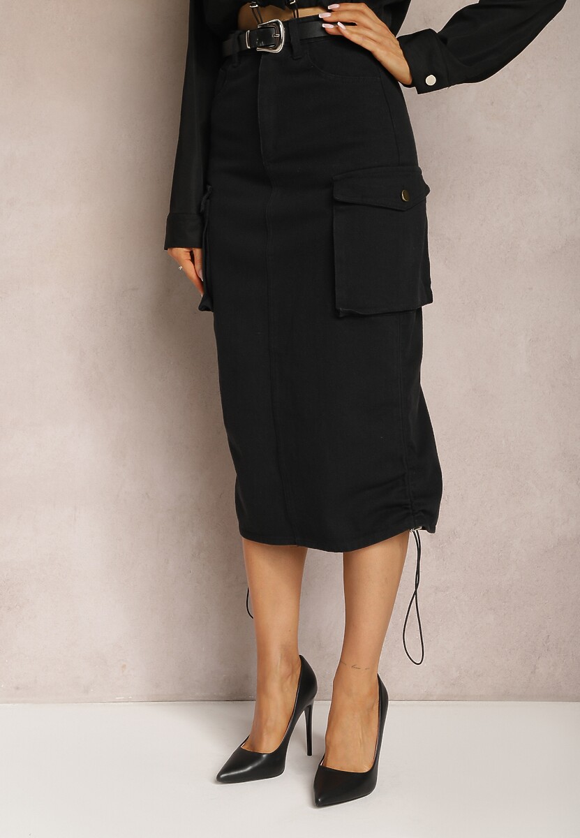 Czarna Cargo Spódnica Midi z Paskiem i Ściągaczami Timnitos