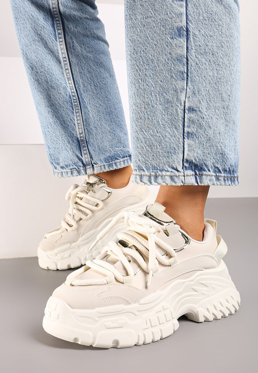 Beżowe Sneakersy z Podwójnymi Sznurówkami i Tłoczoną Platformą Luppoa