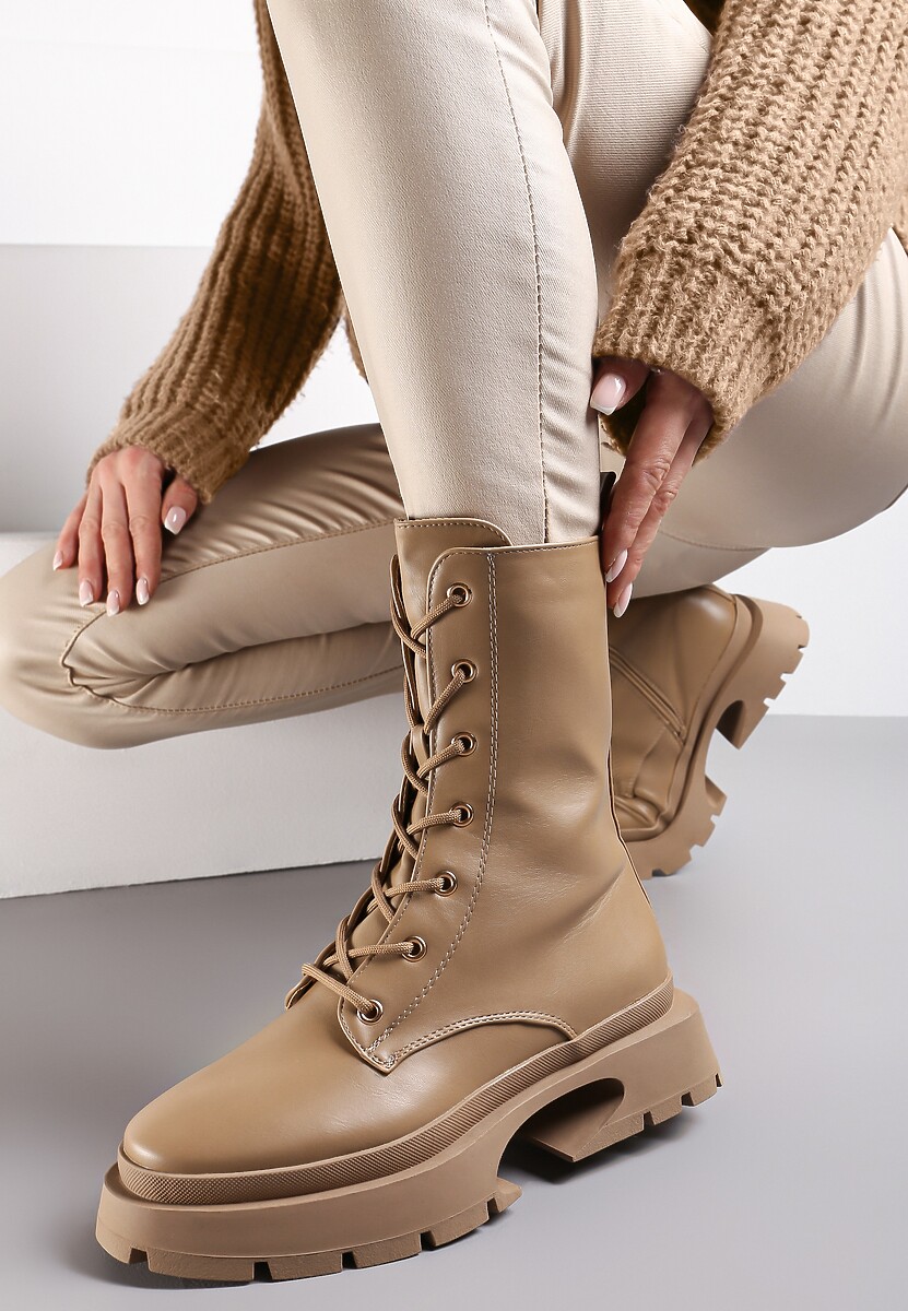 Ciemnobeżowe Botki Workery na Grubej Podeszwie Palua