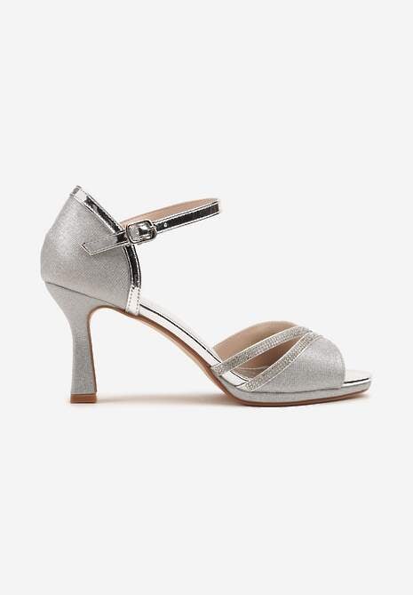 Srebrne Sandały Vices na Szpilce Ozdobione Cyrkoniami i Brokatem Oviasse