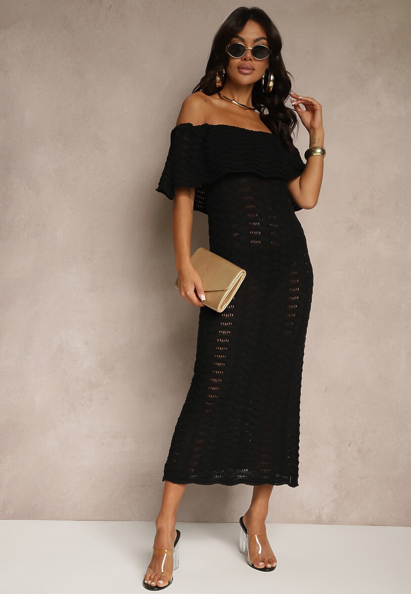 Czarna Sukienka Hiszpanka z Ażurowej Tkaniny z Ozdobnym Dekoltem Filadella