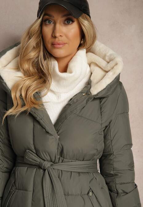 Zielona Długa Kurtka Pikowana z Kapturem Wiązana w Pasie Neanethra