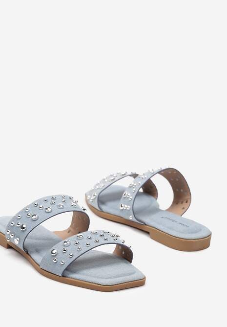 Jasnoniebieskie Klapki z Noskiem w Kwadrat i Nitami Wrisa