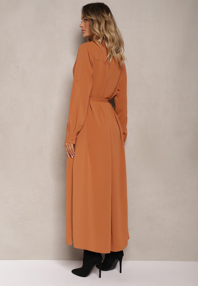 Brązowa Casualowa Sukienka Koszulowa na Guziki z Kieszeniami Jezebel