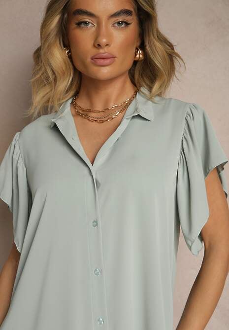 Jasnozielona Koszulowa Sukienka Ozdobiona Falbankami i Guzikami Tenelora