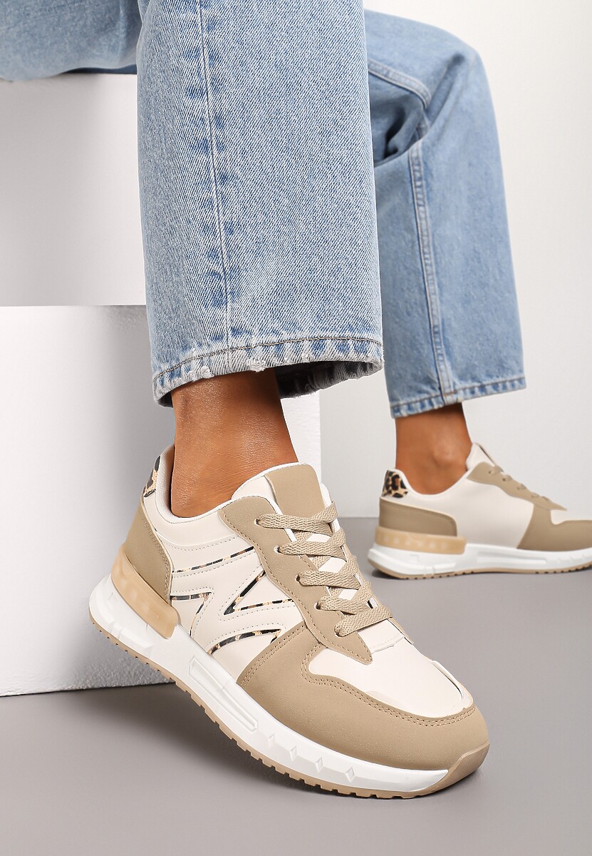 Ciemnobeżowe Płaskie Sneakersy ze Sznurowaniem z Metalicznymi Wstawkami Remarie