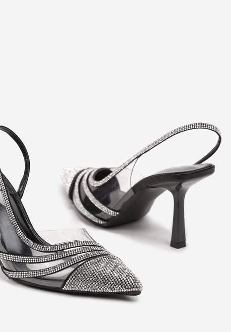Czarne Transparentne Sandały na Szpilce z Błyszczącymi Cyrkoniami Ivelina