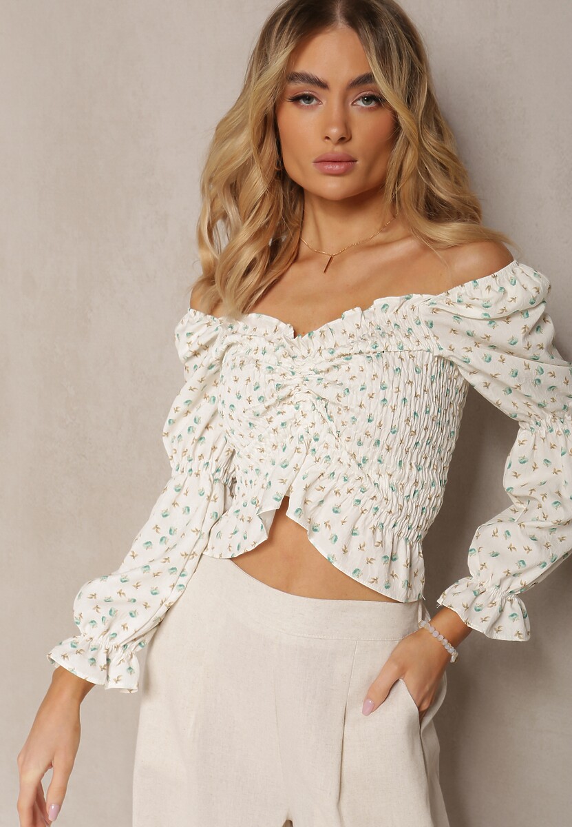 Biało-Zielona Marszczona Bluzka Przeszyta Gumkami z Falbankami Vlinda