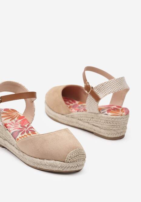 Ciemnobeżowe Sandały Espadryle z Plecionką na Niewysokim Koturnie Debranella