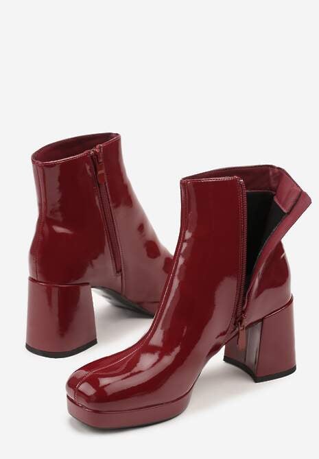 Bordowe Lakierowane Botki Vices na Słupku i Platformie Falesia