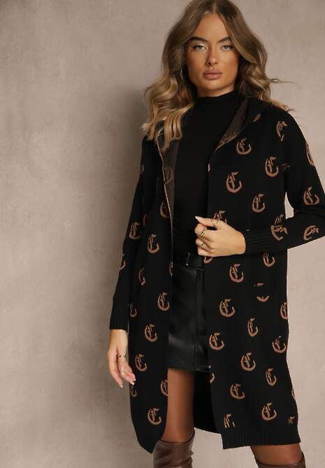 Czarny Kardigan z Kapturem Ozdobiony Geometrycznym Motywem Ralanessa