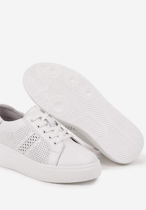 Białe Płaskie Ażurowe Sneakersy ze Skóry Naturalnej i Skórzaną Wkładką Lavili