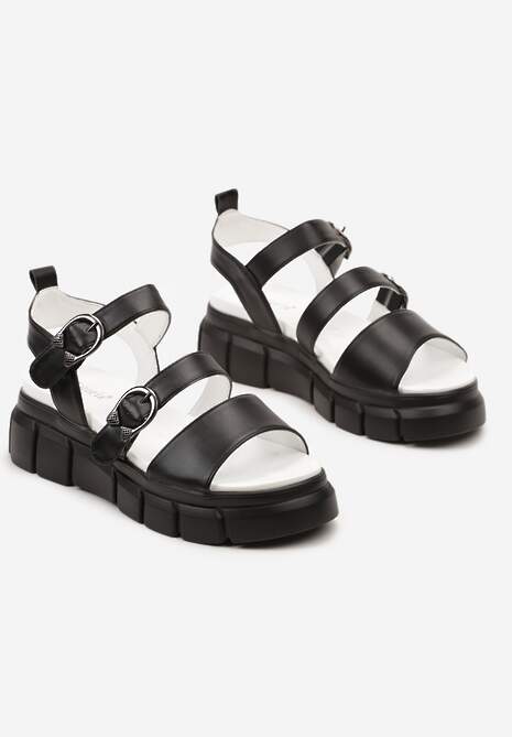 Czarne Sandały z Ekoskóry Zapinane Wokół Kostki na Grubej Podeszwie Zadora