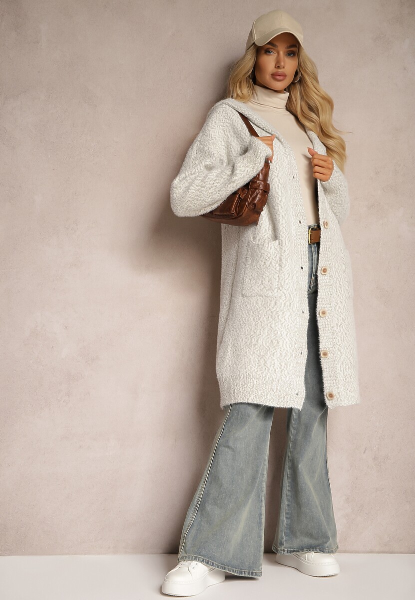 Szary Rozpinany Kardigan z Dodatkiem Wiskozy i Kapturem Ozdobiony Kieszeniami Olianne