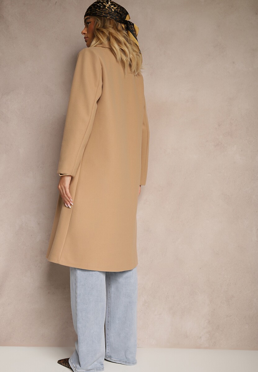 Beżowy Długi Płaszcz z Biżuteryjnymi Guzikami Tudella