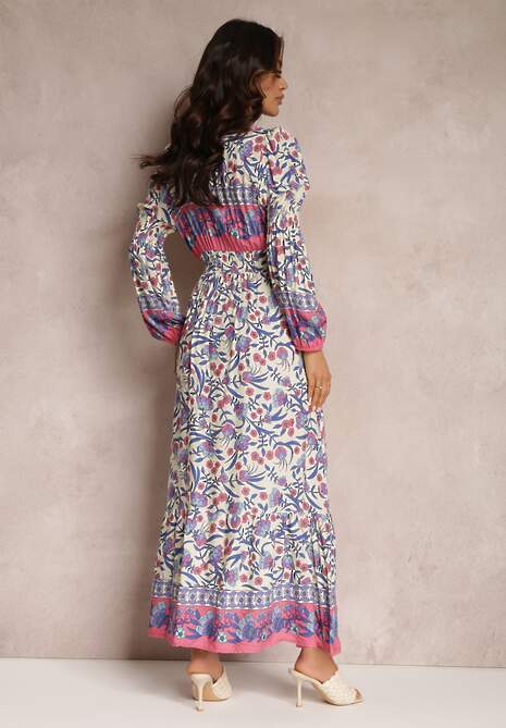 Beżowo-Niebieska Sukienka Maxi w Kwiaty z Wiskozy Vellu